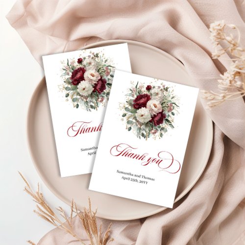 Trendy Burgundy Floral Greenery Thank You Card