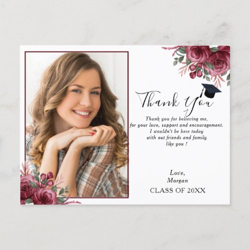 Trendy Burgundy Floral Photo Graduation Thank You Announcement Postcard