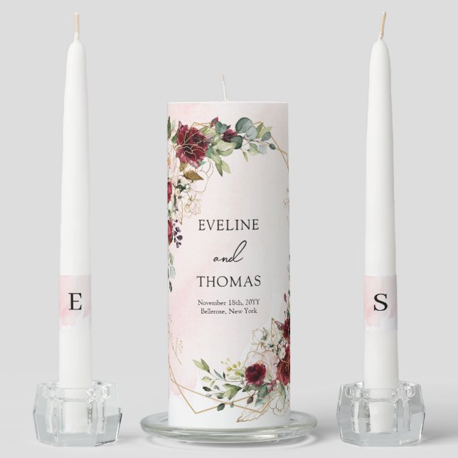Trendy burgundy flowers eucalyptus and gold  unity candle set (Front)