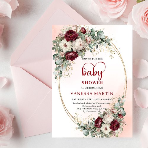 Trendy Burgundy Flowers Eucalyptus Baby Shower 