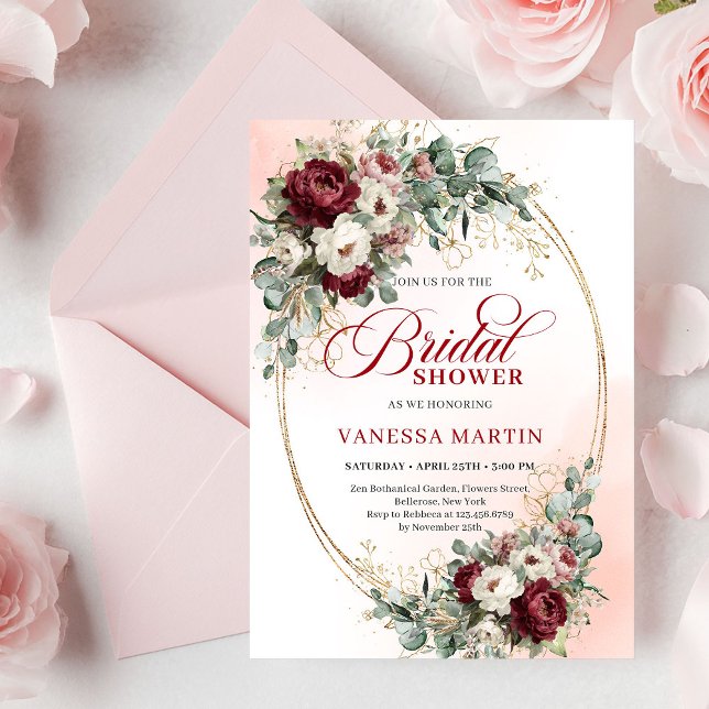 Trendy Burgundy Gold Greenery Bridal Shower Invite (Trendy Burgundy Gold Greenery Bridal Shower Invite)