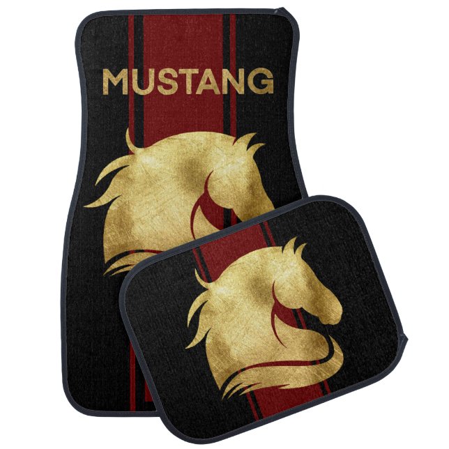 Trendy Burgundy Racing Stripes Gold Mustang Car Floor Mat (Set)