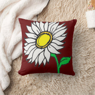 Trendy Burgundy Red Daisy Sunflower Yellow White Throw Pillow