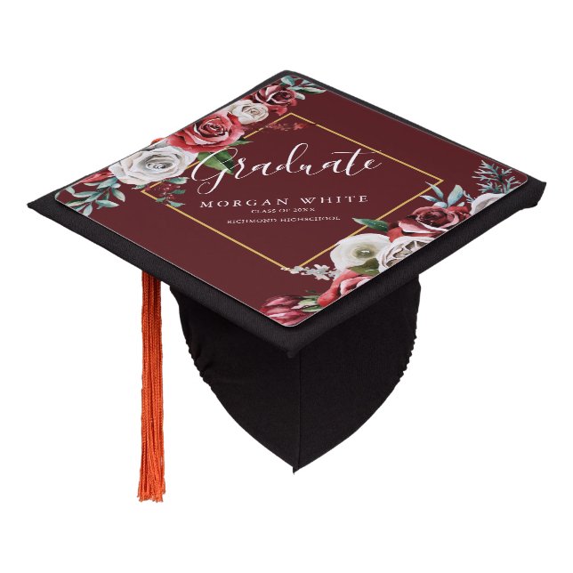 Trendy Burgundy Red Ivory Floral Graduation Script Cap Topper (Angled)