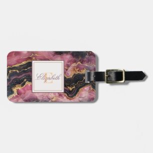 Trendy Burgundy Stone Marble Texture, Monogram Luggage Tag
