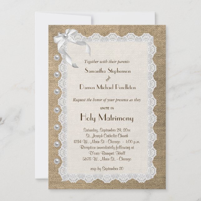 Trendy Burlap Lace And Pearls Wedding Invite (Front)
