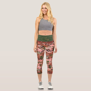 Trendy Burnt Amber Green Camo Personalized Capri Leggings