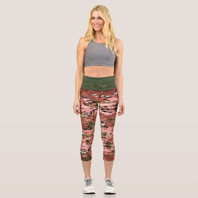 Trendy Burnt Amber Green Camo Personalized Capri Leggings (Front)