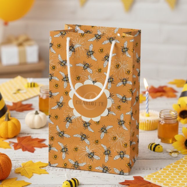 Trendy Burnt Orange Honeybee Autumn Pattern Small Gift Bag (Autumn Floral Bee Gift Bags. Botanical Green Honeybees, Flowers Pattern, Monogram in  Orange for Her)