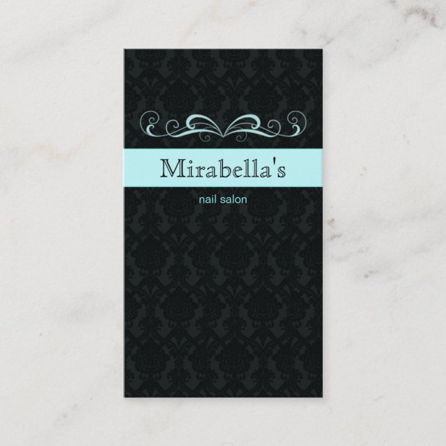 Trendy Business Card Damask Swirl Blue Black (Front)