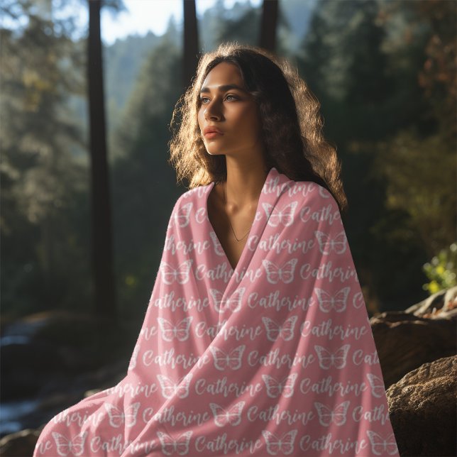 Trendy Butterfly Custom Calligraphy Name Pink Fleece Blanket (Creator Uploaded)