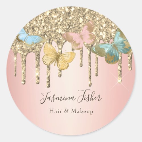 Trendy Butterfly Glitter Drip Girly Hair Makeup Classic Round Sticker