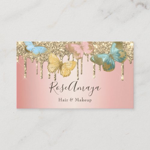 Trendy Butterfly Gold Glitter Pink Beauty Industry Business Card