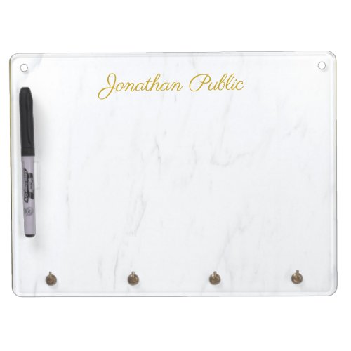 Trendy Calligraphed Gold Name White Marble Elegant Dry Erase Board With Keychain Holder