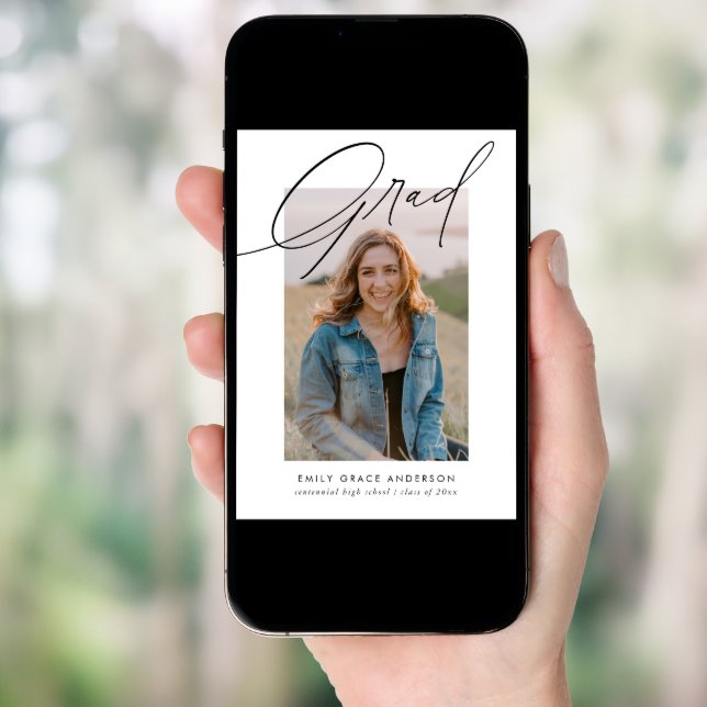 Trendy Calligraphy Three Photo Budget Graduation Invitation (Front Digital)