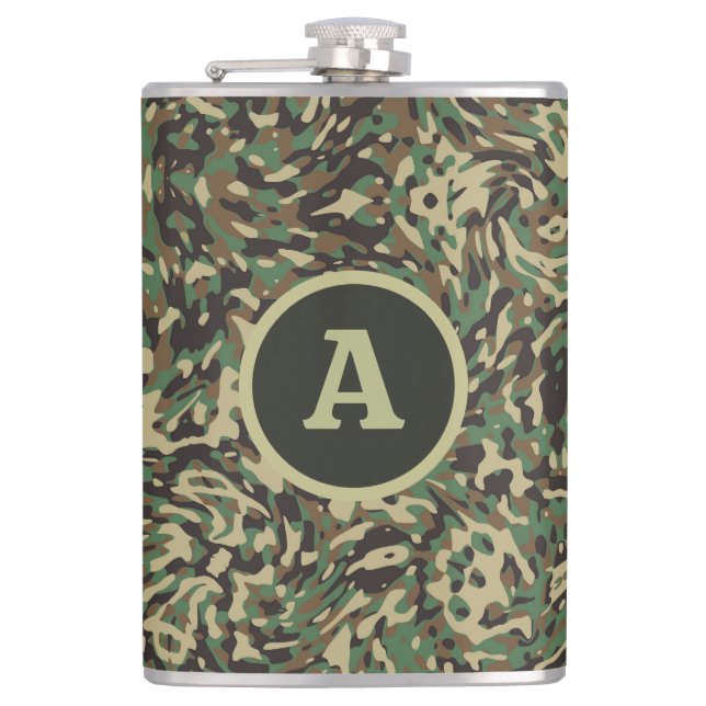 Trendy Camouflage Green Personalized Letter Flask (Front)