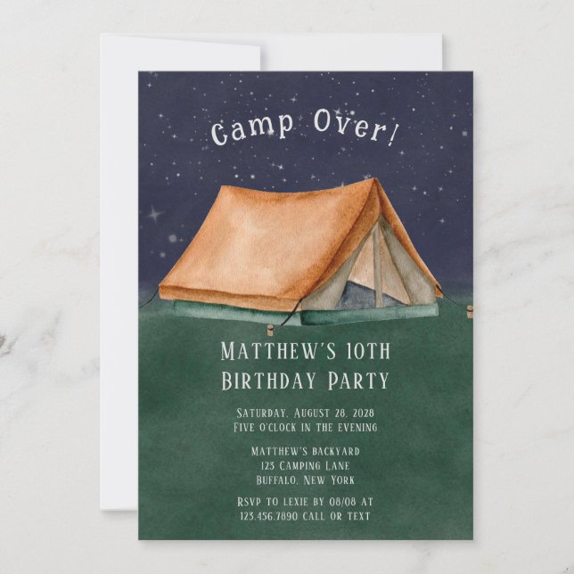 Trendy Camp Over Sleep Over Boy Birthday Party Invitation (Front)