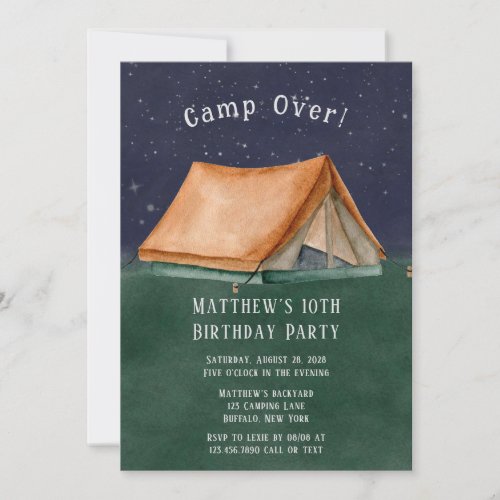 Trendy Camp Over Sleep Over Boy Birthday Party Invitation