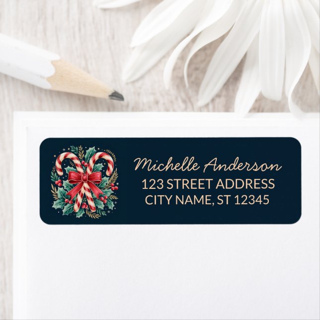 Trendy Candy cane with Holly leaves Return Address Label (Insitu)