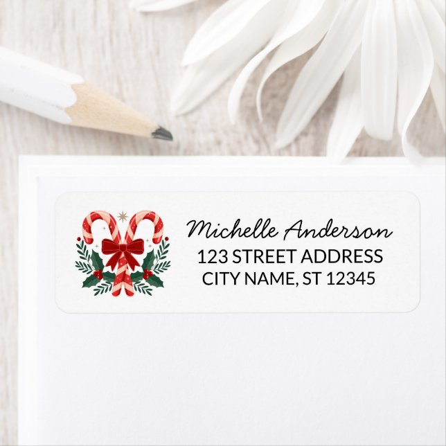 Trendy Candy cane with Holly leaves Return Address Label (Insitu)