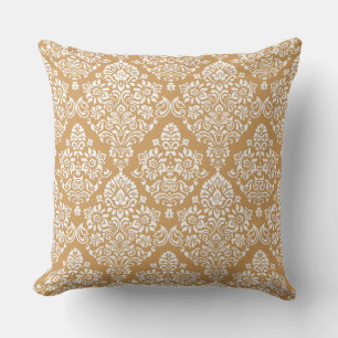 Trendy Carmel brown and White Damask Pattern Throw Pillow