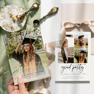 Trendy Casual Modern Photo Graduation Gold Foil Invitation