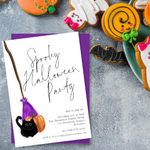 Trendy Cat Broomstick Spooky Halloween Party Invitation