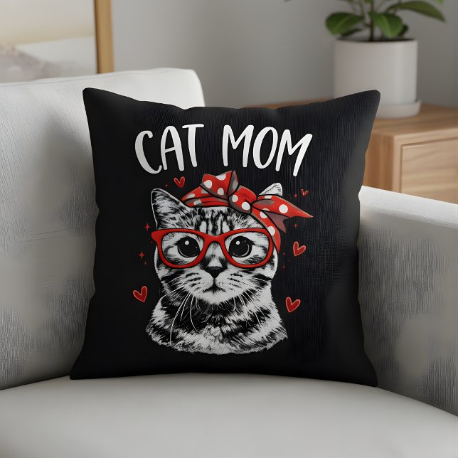 Trendy Cat Mom with Glasses & Bandana Black  Throw Pillow (Creator Uploaded)