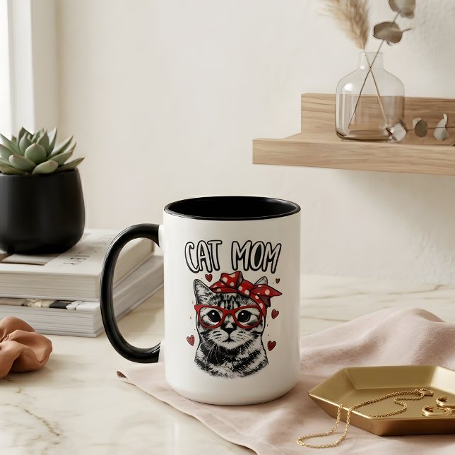 Trendy Cat Mom with Glasses & Bandana White Coffee Mug (Creator Uploaded)