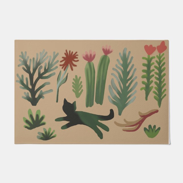 Trendy Cat Rug, Kitty With Plants Doormat (Front)