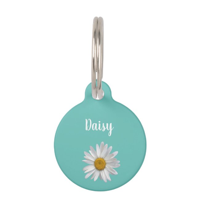 Trendy Cat White Daisy Cute Kitty Teal Green Pet ID Tag