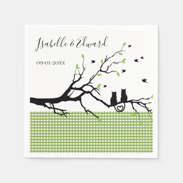 Trendy Cats In Love Moss Green Gingham Wedding Napkins (Front)