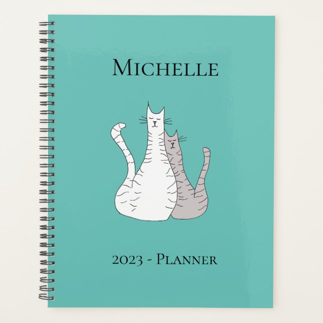 Trendy Cats Personalized Teal Green Planner (Front)