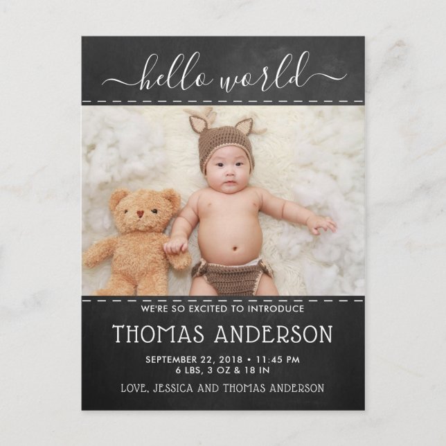 Trendy Chalkboard Photo Birth Announcement (Front)