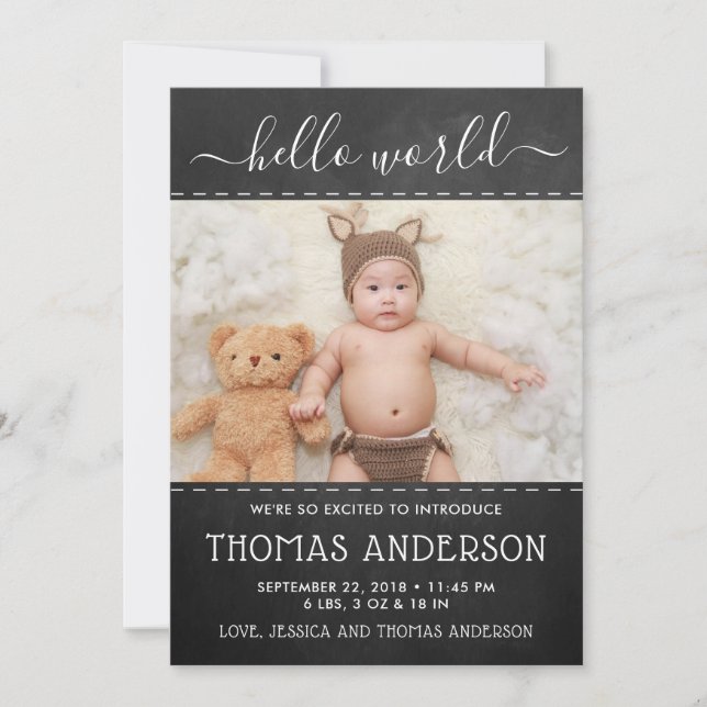 Trendy Chalkboard Photo Birth Announcement (Front)