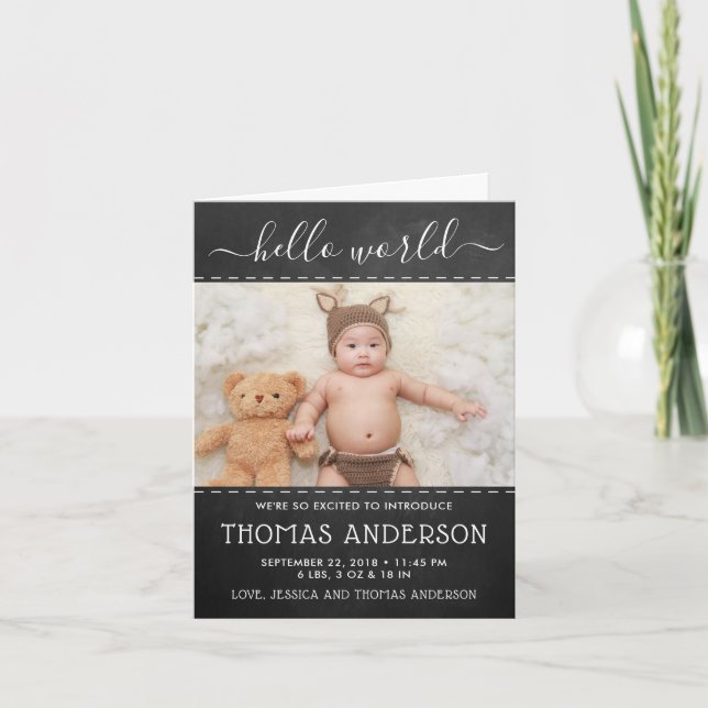 Trendy Chalkboard Photo Birth Announcement (Front)