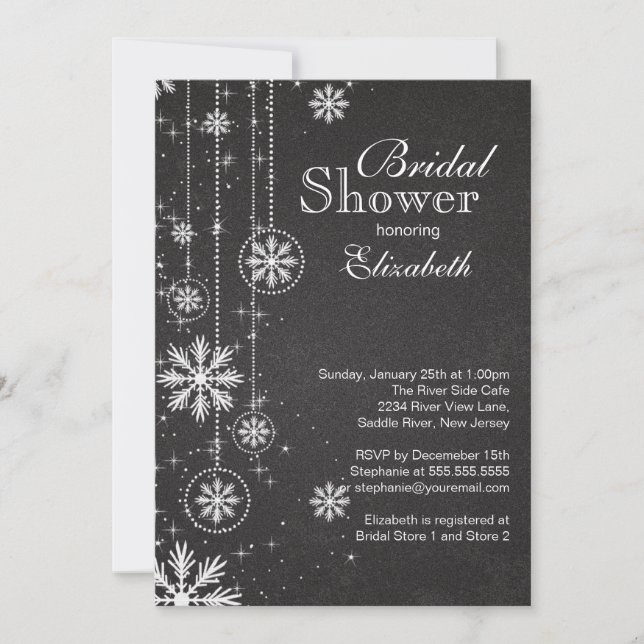 Trendy Chalkboard Snowflakes Winter Bridal Shower Invitation (Front)