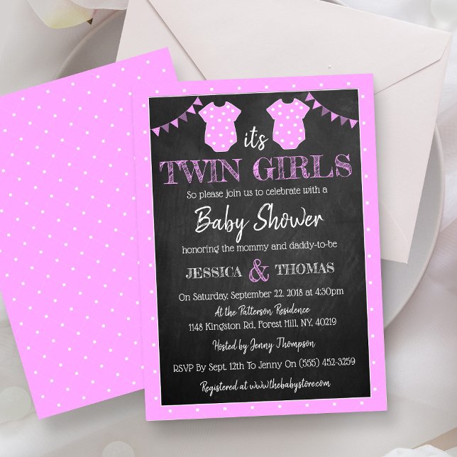 Trendy Chalkboard Twin Girls Baby Shower Invitation (Creator Uploaded)