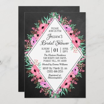 Trendy Chalkboard Watercolor Flowers Bridal Shower Invitation by Invitation_Republic at Zazzle