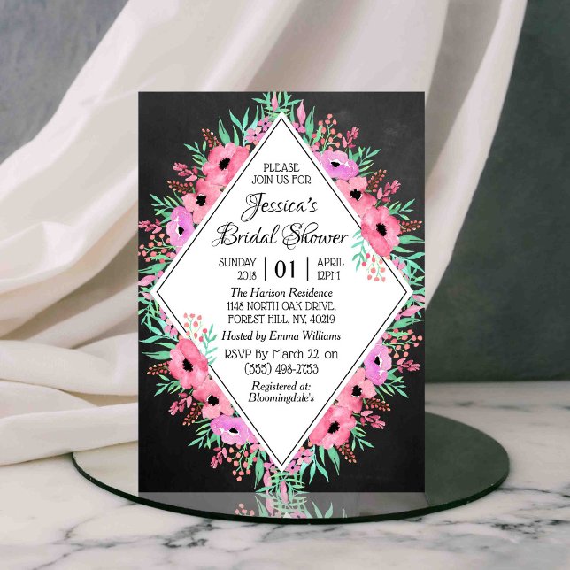 Trendy Chalkboard Watercolor Flowers Bridal Shower Invitation (Creator Uploaded)