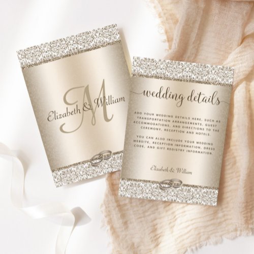 Trendy Champagne Glitter Damask Wedding Details Enclosure Card