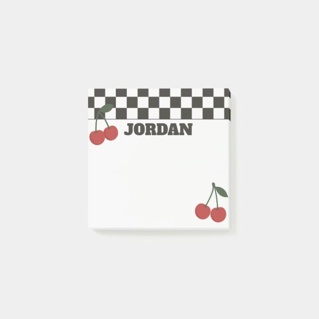 Trendy Checkerboard & Cherry Custom Name Post-it Notes (Front)