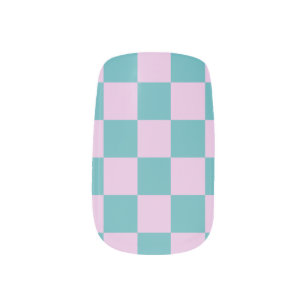 Trendy checkerboard nail design in teal and pink minx nail art