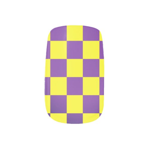 Trendy checkerboard nail design in yellow and purp minx nail art