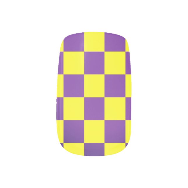 Trendy checkerboard nail design in yellow and purp minx nail art (Left Thumb)