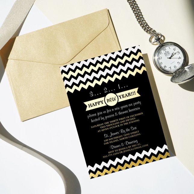 Trendy Chevron New Year's Eve Party Real Foil Invitation (Creator Uploaded)