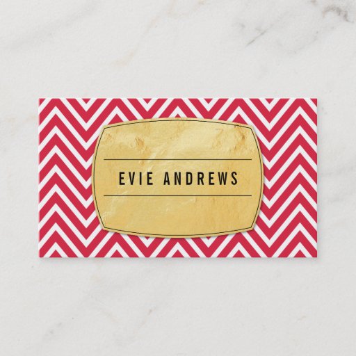 Customizable TRENDY chevron pattern gold foil badge bright red Business Card Templates