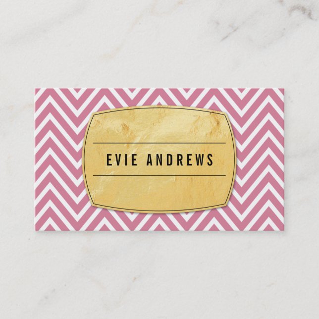 TRENDY chevron pattern gold foil badge rose pink Business Card (Front)