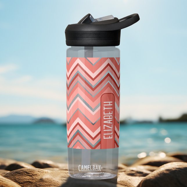 Trendy Chevron Pattern large name block coral Water Bottle (Personalized water bottle with a trendy chevron pattern)