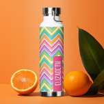 Trendy Chevron Pattern large name block pink green Water Bottle<br><div class="desc">A bold, graphic design with colorful pink, orange, purple and green zig zags with a fun color block to add your name or any text. The bright chevron pattern is a modern, trendy pattern with a punch of color. You can add a name, monogram or other custom text. If you...</div>